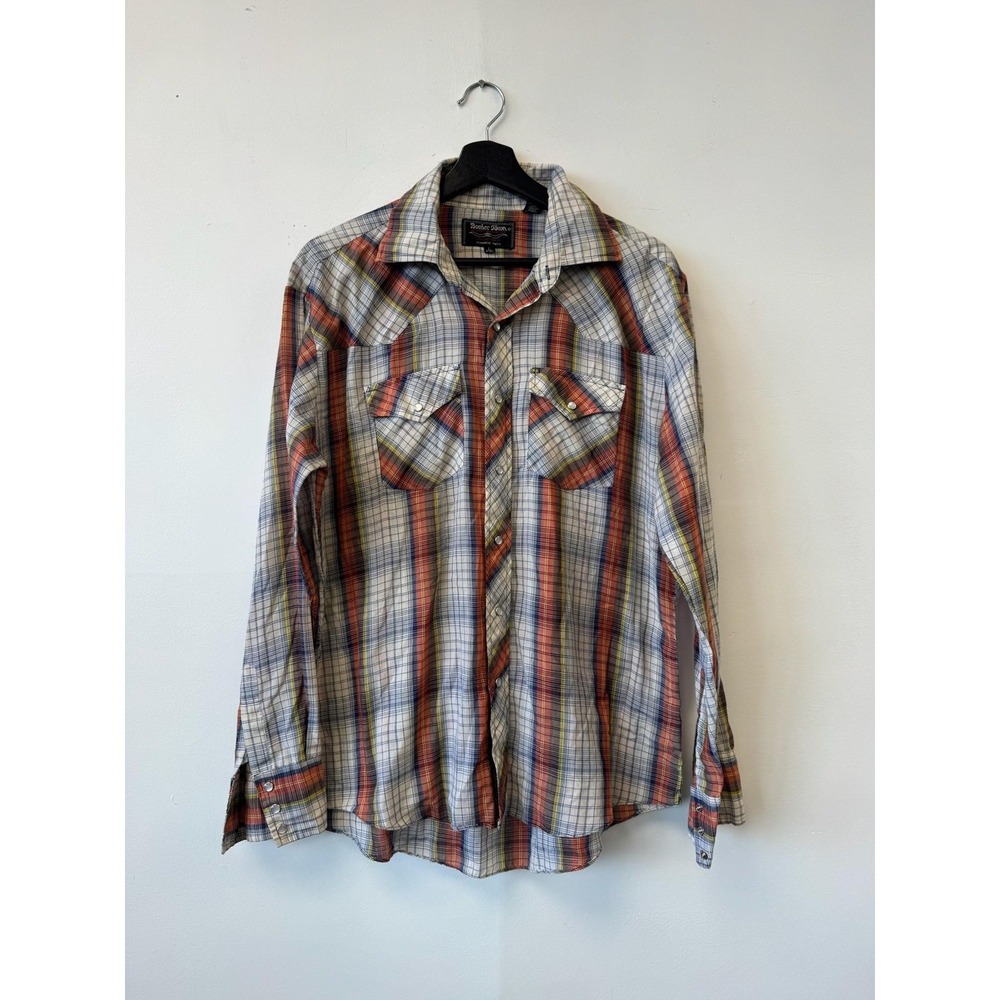 Vintage Border Town Western Shirt Mens Large Red Plaid Snap Front Long‎ Tail
